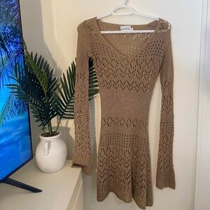SNDYS Crochet Knit Long Sleeve Mini Dress – Beige/Tan – Size S